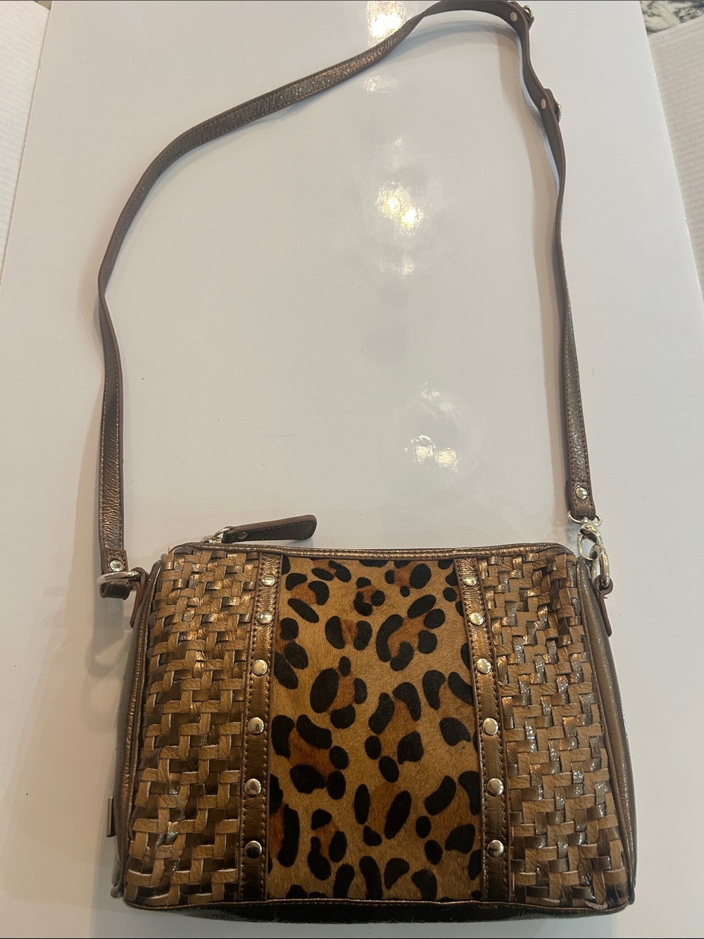 Sharif 1827 metallic bronze woven leather and leopard print